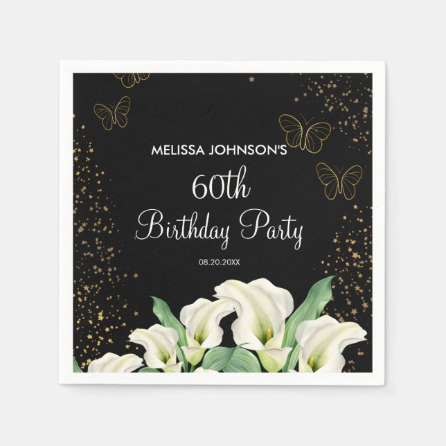 Golden Butterfly White Calla Lily Black Birthday Napkins (Front)