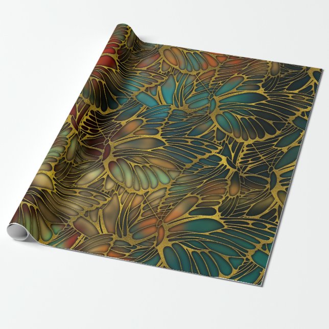 Golden Butterfly Wing Pattern Wrapping Paper (Unrolled)