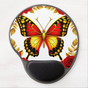 Golden Butterfly With Red Roses And Golden Leaves Gel Mouse Pad