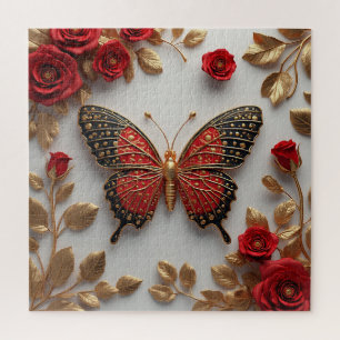 Golden Butterfly With Red Roses And Golden Leaves Jigsaw Puzzle