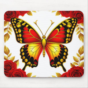 Golden Butterfly With Red Roses And Golden Leaves Mouse Pad
