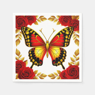 Golden Butterfly With Red Roses And Golden Leaves Napkins