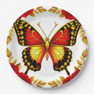 Golden Butterfly With Red Roses And Golden Leaves Paper Plates