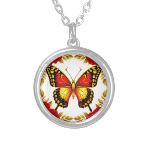 Golden Butterfly With Red Roses And Golden Leaves Silver Plated Necklace