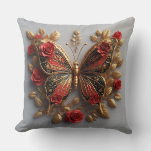 Golden Butterfly With Red Roses And Golden Leaves Throw Pillow
