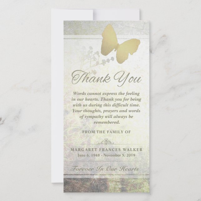 Golden Butterfly Words Cannot Express Thank You Card (Front)