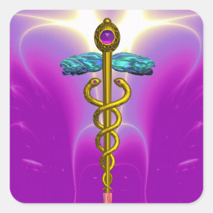 GOLDEN CADUCEUS,Medical Symbol Pink Fuchsia Square Sticker