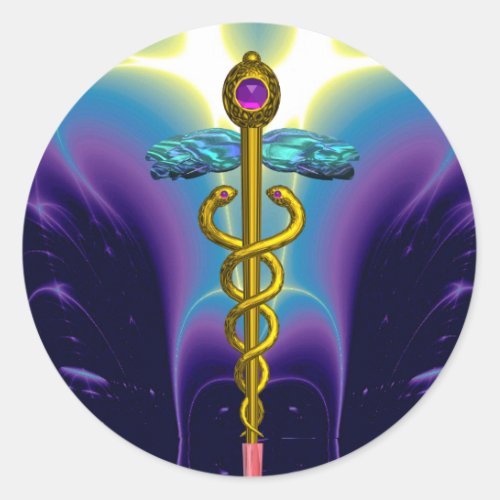 GOLDEN CADUCEUS Medical Symbol Vibrant Purple Blue Classic Round Sticker