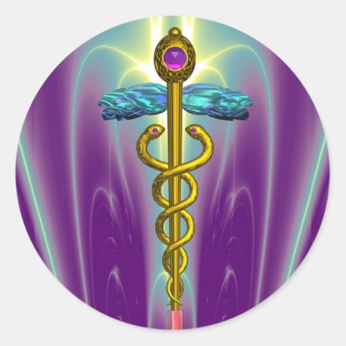 GOLDEN CADUCEUS Medical Symbol Vibrant Purple Classic Round Sticker