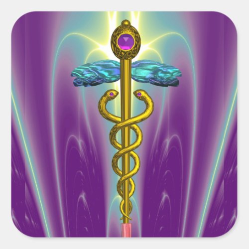 GOLDEN CADUCEUS Medical Symbol Vibrant Purple Square Sticker