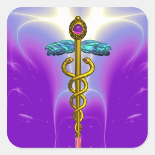 GOLDEN CADUCEUS Medical Symbol Vibrant Purple Teal Square Sticker