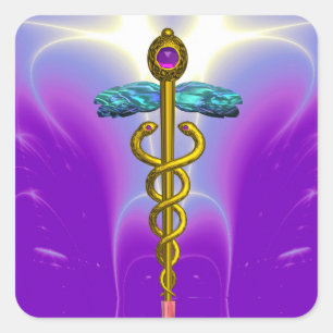 GOLDEN CADUCEUS Medical Symbol Vibrant Purple Teal Square Sticker