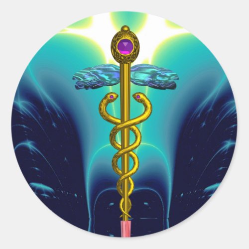 GOLDEN CADUCEUS Medical Symbol Vibrant Teal Blue Classic Round Sticker