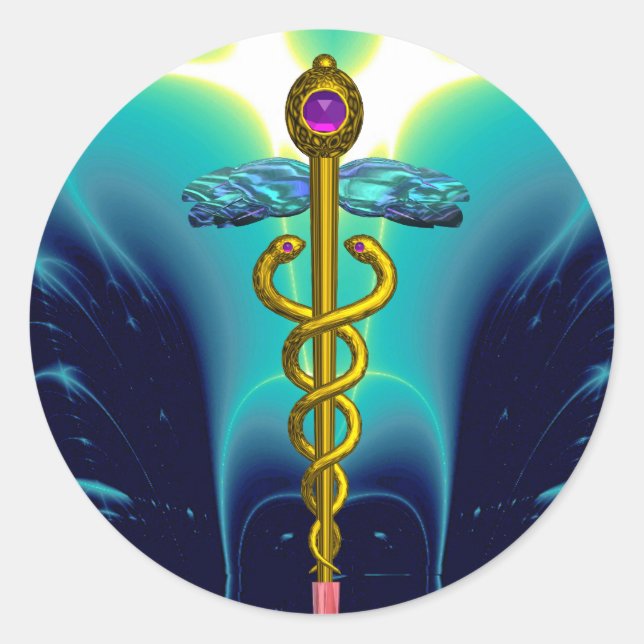 GOLDEN CADUCEUS Medical Symbol Vibrant Teal Blue Classic Round Sticker (Front)