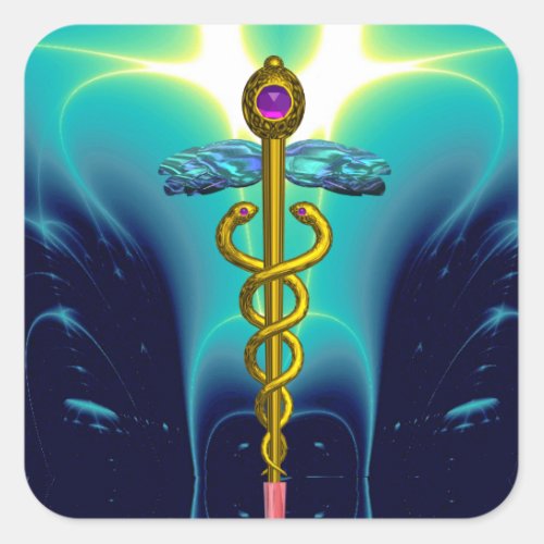 GOLDEN CADUCEUS Medical Symbol Vibrant Teal Blue Square Sticker