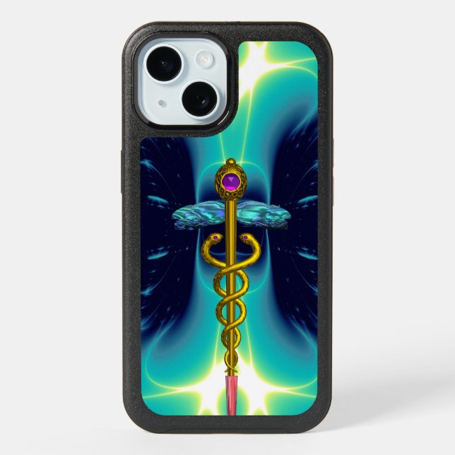 GOLDEN CADUCEUS  Medical Turquoise Aqua Blue  iPhone 15 Case (Back)