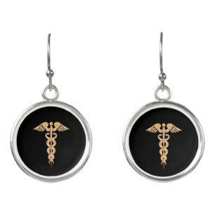 Golden caduceus on black earrings