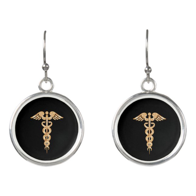 Golden caduceus on black earrings (Front)