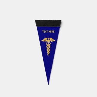 Golden Caduceus on Blue Vertical Medical Pennant