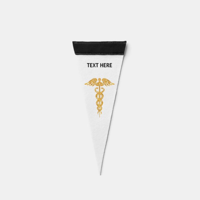 Golden Caduceus on White Vertical Medical Pennant Flag (Front)