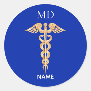 Golden Caduceus Symbol & Medical Doctor Monogram Classic Round Sticker