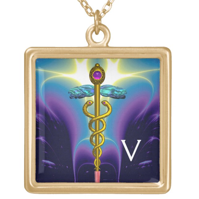 GOLDEN CADUCEUS SYMBOL MONOGRAM / Blue Purple Gold Plated Necklace (Front)