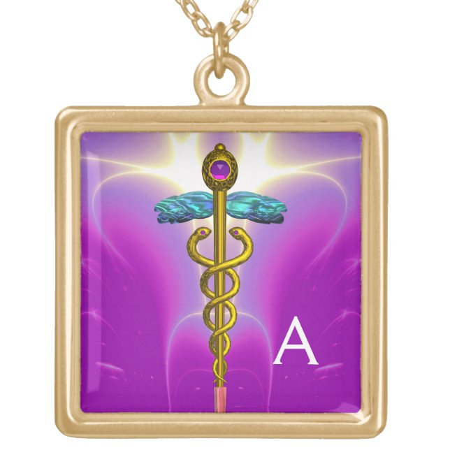 GOLDEN CADUCEUS SYMBOL MONOGRAM Pink Fuchsia Gold Plated Necklace (Front)