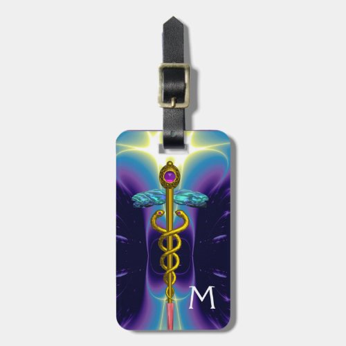 GOLDEN CADUCEUS SYMBOL MONOGRAM Purple Blue Luggage Tag