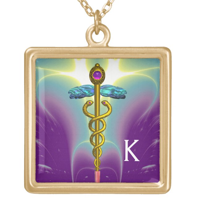 GOLDEN CADUCEUS SYMBOL MONOGRAM Purple Green Gold Plated Necklace (Front)