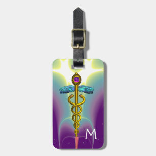 GOLDEN CADUCEUS SYMBOL MONOGRAM Purple Green Luggage Tag