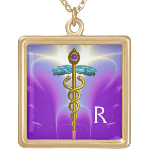 GOLDEN CADUCEUS SYMBOL MONOGRAM Teal Blue Purple Gold Plated Necklace