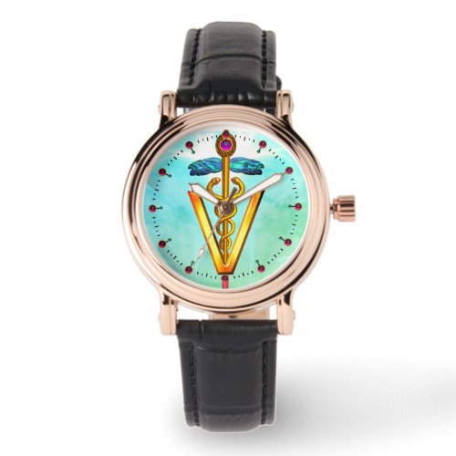 GOLDEN CADUCEUS VETERINARY SYMBOL Aqua Blue Green Watch