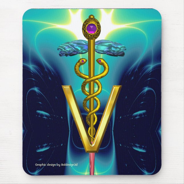 GOLDEN CADUCEUS VETERINARY SYMBOL / Aqua Blue Teal Mouse Pad (Front)