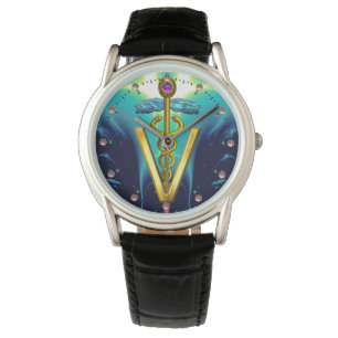 GOLDEN CADUCEUS VETERINARY SYMBOL / Aqua Blue,Teal Watch