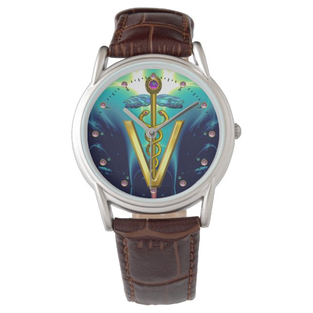 GOLDEN CADUCEUS VETERINARY SYMBOL / Aqua Blue,Teal Watch (Front)