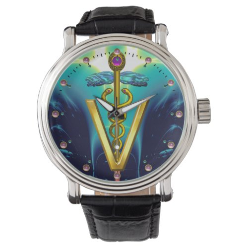 GOLDEN CADUCEUS VETERINARY SYMBOL  Aqua BlueTeal Watch