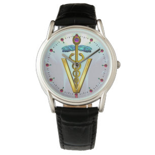 GOLDEN CADUCEUS VETERINARY SYMBOL / Aqua Blue Watch