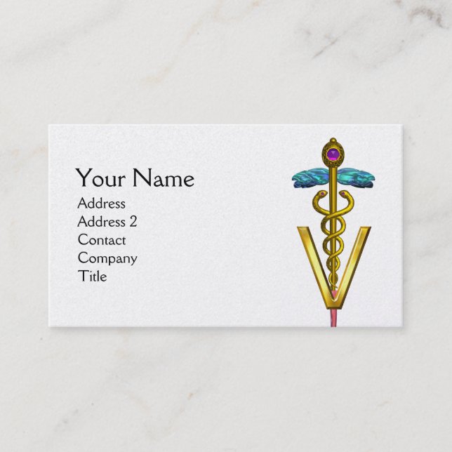 GOLDEN CADUCEUS VETERINARY SYMBOL / Black White Business Card (Front)