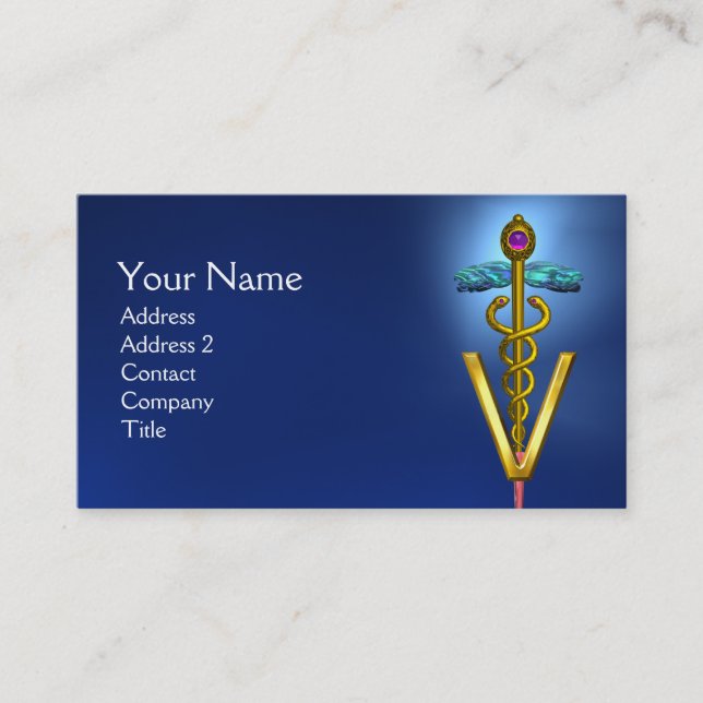 GOLDEN CADUCEUS VETERINARY SYMBOL /Blue Business Card (Front)