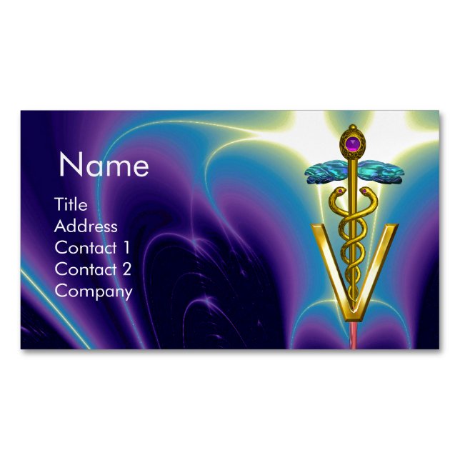 GOLDEN CADUCEUS VETERINARY SYMBOL / Blue Purple Business Card Magnet (Front)