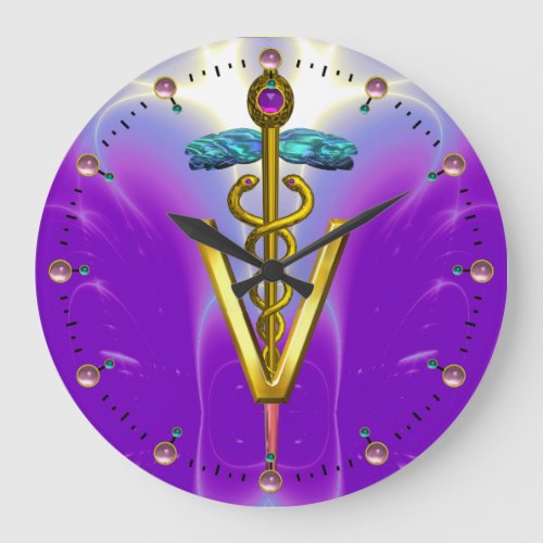 GOLDEN CADUCEUS VETERINARY SYMBOL  Blue Purple Large Clock