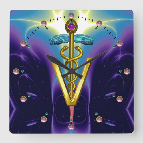 GOLDEN CADUCEUS VETERINARY SYMBOL   Blue Purple Square Wall Clock