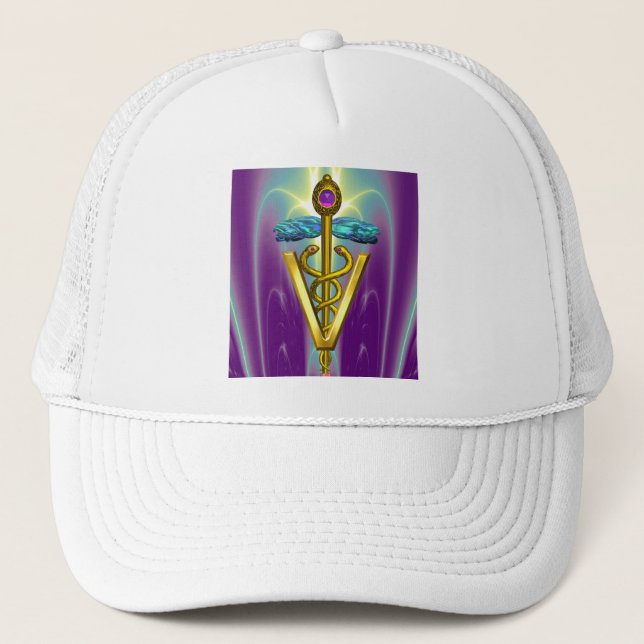 GOLDEN CADUCEUS VETERINARY SYMBOL /  Blue Purple Trucker Hat (Front)