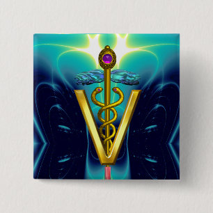 GOLDEN CADUCEUS VETERINARY SYMBOL / Blue Turquoise Button