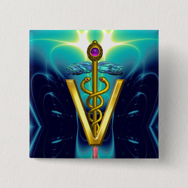 GOLDEN CADUCEUS VETERINARY SYMBOL / Blue Turquoise Button (Front)