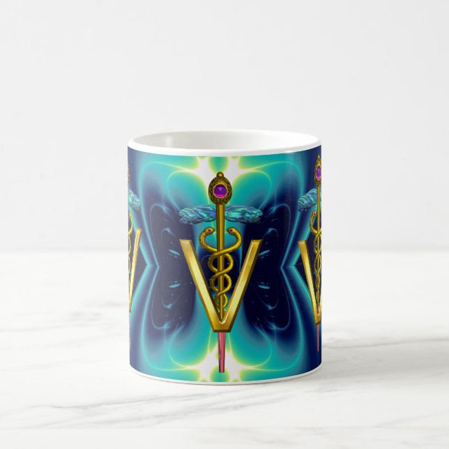 GOLDEN CADUCEUS VETERINARY SYMBOL Blue Turquoise Coffee Mug (Center)