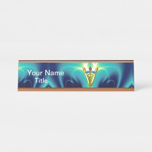 GOLDEN CADUCEUS VETERINARY SYMBOL Blue Turquoise Desk Name Plate