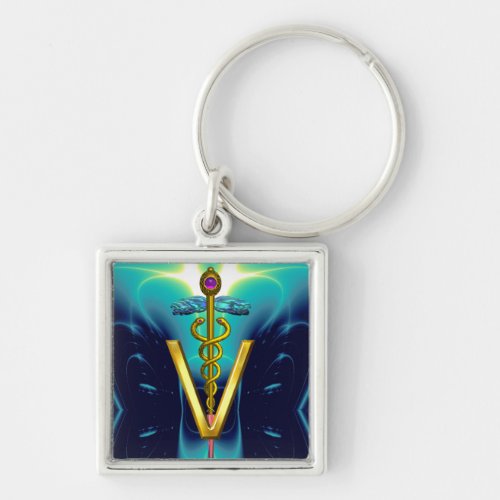 GOLDEN CADUCEUS VETERINARY SYMBOL Blue Turquoise Keychain