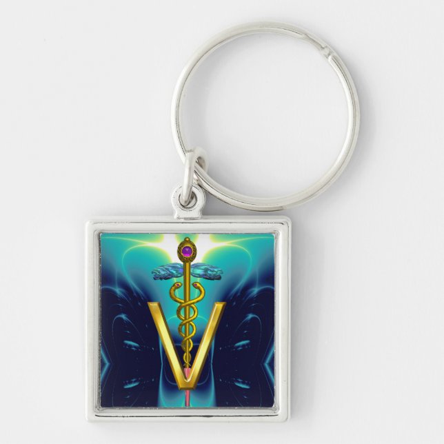 GOLDEN CADUCEUS VETERINARY SYMBOL Blue Turquoise Keychain (Front)