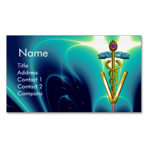 GOLDEN CADUCEUS VETERINARY SYMBOL / Blue Turquoise Magnetic Business Card